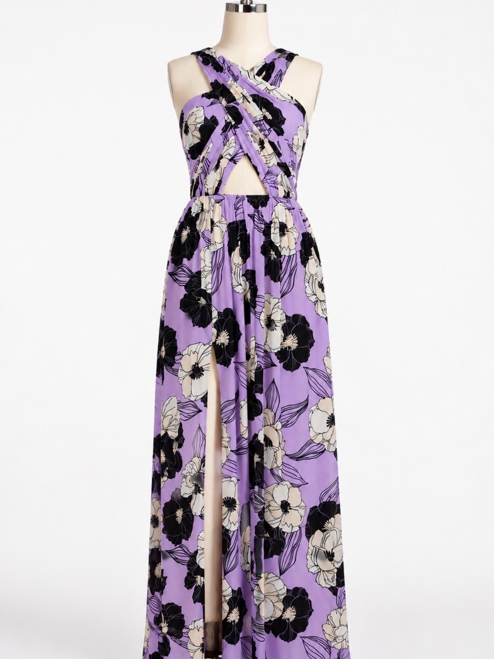 NWT Dress the Population Rose Floral Cutout Maxi Dress Lavender
